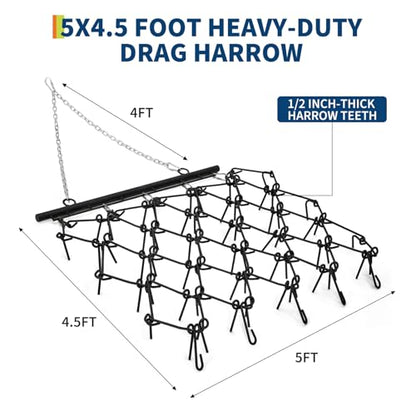 Heavy Duty Drag Harrow 5 ft x 4.5 ft,1/2" Tines & Chain Link Mat - size: 5' x 4.5', 1/2" Dia