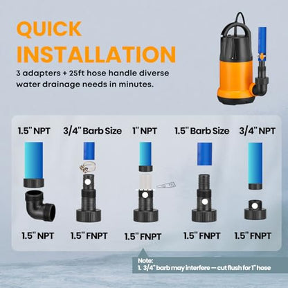 Sump Pump Submersible With 25Ft. Hose, Submersible Pump, 25Ft Cord, 4000GPH