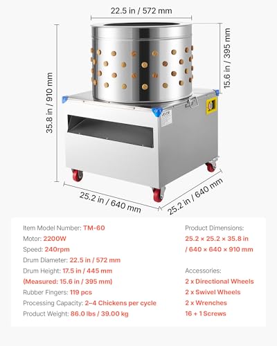 VEVOR Chicken Plucker Machine, 23.6 in Drum, 2200W & 240RPM Electric Chicken Plucking Machine with 119 Soft Fingers & Transport Wheels, Stainless Steel Feather Remover for Processing 2-4 Chicks Once - color: Silver