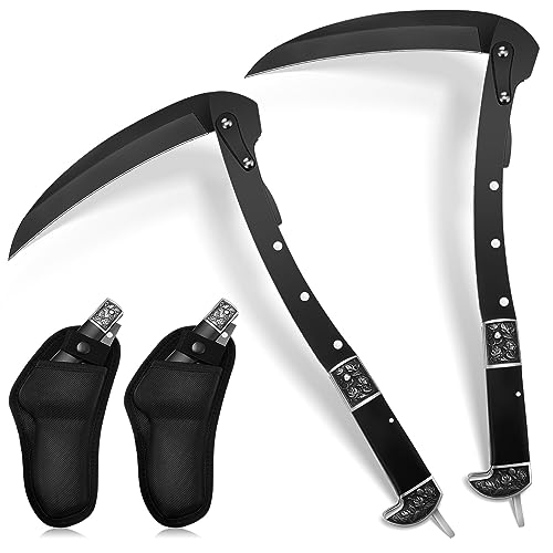 2 Pcs Black Sharp Folding Sickle 14.6 inch Grass Hand Sickle Knife Wooden Handle Portable Safety Manual Sickle Garden Tool with Sheath for Lawn Branches Weeds Gardening Farming Cutting