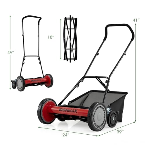 IRONMAX 18 Inch 5-Blade Push Reel Mower, Removable Grass Catcher, Red - color: Red, size: 18 Inch