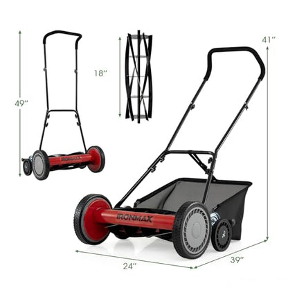 IRONMAX 18 Inch 5-Blade Push Reel Mower, Removable Grass Catcher, Red - color: Red, size: 18 Inch