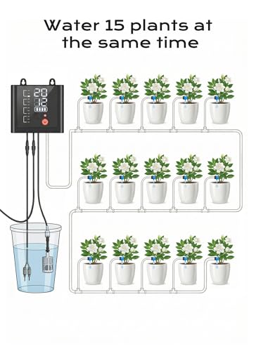 49ft Solar Drip Irrigation System with USB Charging for 15 Potted Plants - color: Black