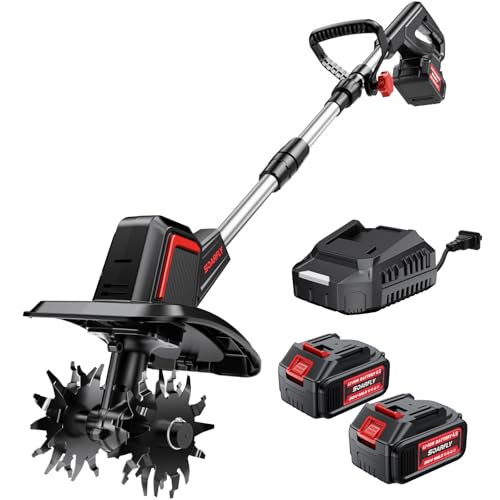 SOARFLY Cordless Tiller Cultivator 9" Width 6.6" Depth, 2×4.0Ah Batteries