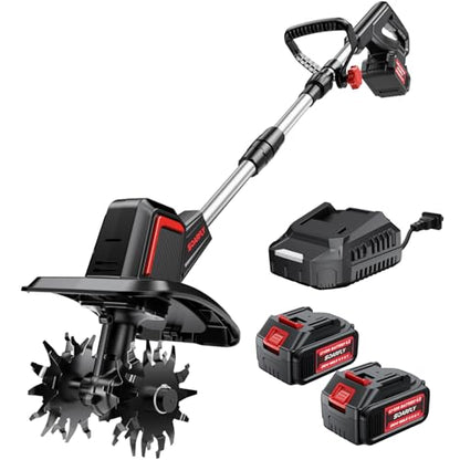 SOARFLY Cordless Tiller Cultivator 9" Width 6.6" Depth, 2×4.0Ah Batteries