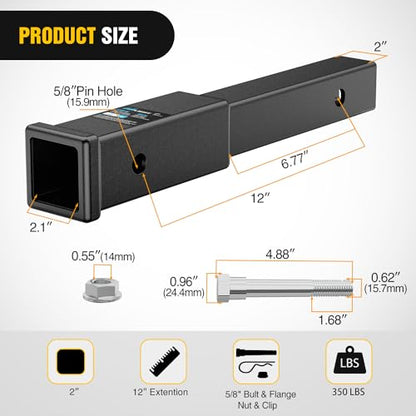 Nilight Trailer Hitch Extender 12" fits 2 Inch Receiver 3500 lbs GTW - color: 2" Hitch Extender 12"