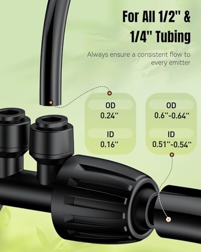 Pawfly 12 Pcs 1/2'' to 1/4'' Drip Irrigation Fittings, 4-Way Barbed Tee Quick Connectors with Anti-Drop Locked Nuts, Push-to-Fit Drip Irrigation Parts for Garden Lawn, Anti-Leak Reducing Tees - size: 12pcs 4 Way Reducing Tee