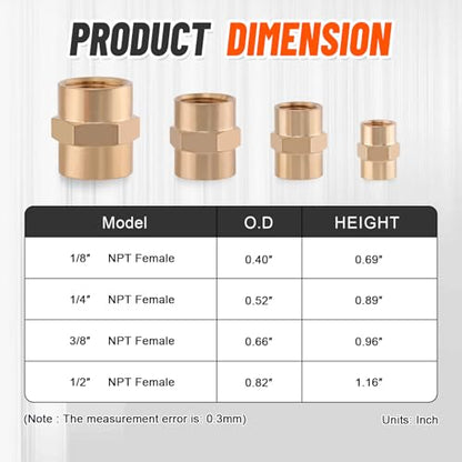 24Pcs Brass Pipe Fittings Hex Coupling Kit,1/8" 1/4" 3/8" 1/2" NPT - style: Hex Coupling