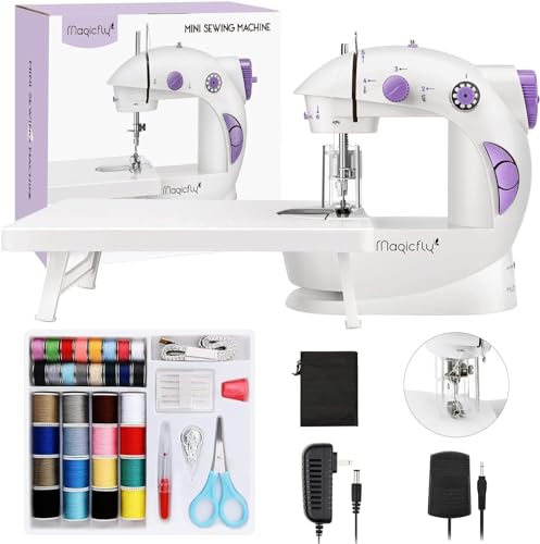 Magicfly Mini Sewing Machine with Extension Table, Dual Speed Portable Sewing Machine for Beginners with Light, Sewing Kit for Household Use, White - color: White