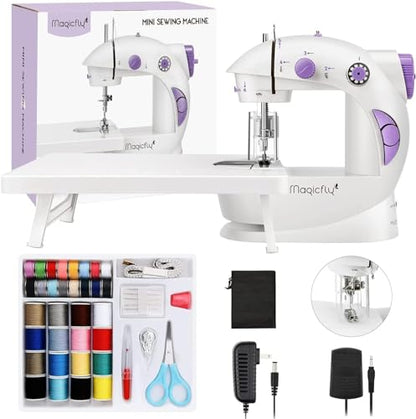 Magicfly Mini Sewing Machine with Extension Table, Dual Speed Portable Sewing Machine for Beginners with Light, Sewing Kit for Household Use, White - color: White