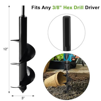 2 Pack Garden Auger Spiral Drill Bit Set - 3 x 12 Inch & 1.6 x 9 Inch with Garden Gloves, Planting Bulb, Bedding Plants, Digging Weeds Roots, Post Umbrella Hole Digger for 3/8" Hex Drive Drill - size: 1.6" x 9"-Black + 3" x 12"-Black with Gloves