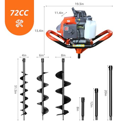 72CC 2-Stroke Gas Powered Post Hole Digger - color: 4" & 6" & 8" Auger Bits + 8“ & 12" & 20" Ext Rod