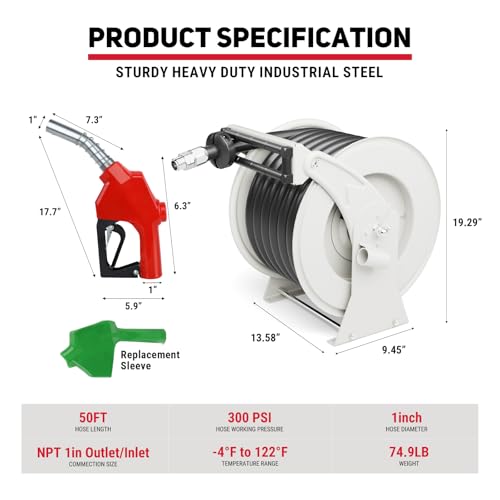 Diesel Fuel Hose Reel 1" x 50', Retractable with Nozzle - color: Silver, size: 1 inch 50FT