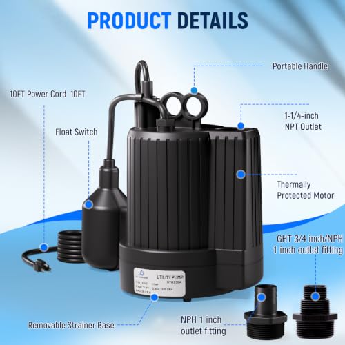 D-HONOR Sump Pump, Submersible Water Pump 1/3 HP 1600 GPH with Float Switch - size: 1/3HP 1600GPH