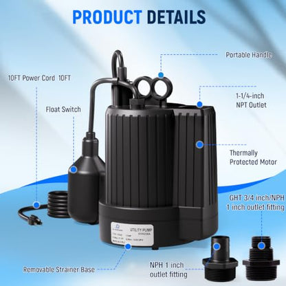 D-HONOR Sump Pump, Submersible Water Pump 1/3 HP 1600 GPH with Float Switch - size: 1/3HP 1600GPH
