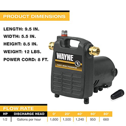 WAYNE PC4 1/2 HP Cast Iron Multi-Purpose Transfer Pump – Non-Submersible Utility Water Pump with Suction Strainer, Model 55832