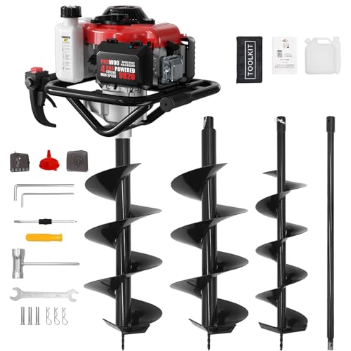68CC Gas Powered Post Hole Digger, 4 Stroke Auger with 6&8 Inch Bits - color: Red 68cc+2 Auger(6"/8")