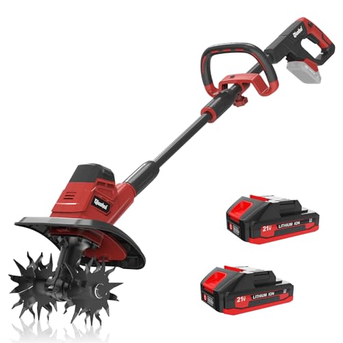 21V Cordless Tiller Cultivator, Lightweight 360RPM Electric Garden Tiller with 2 * 2.0Ah Batteries, 9" Width, 6.6" Depth, 48 Steel Tines Mini Rototiller for Weeding, Gardening & Soil Cultivation Red