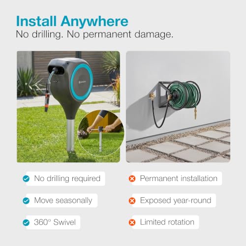 GARDENA Automatic Retractable Garden Hose Reel - 50 Feet - 360 Degree Swivel Outdoor Hose Reel with Metal Spike Base - Auto Retract - UV Resistant Housing - Easy Install No Tools Required - 18604 - size: 50 ft