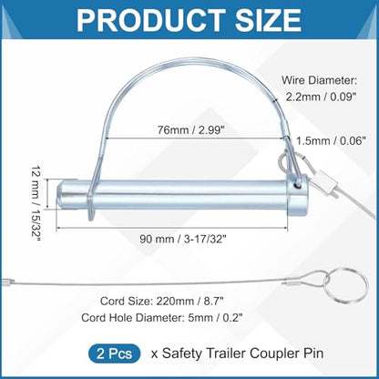 PATIKIL 2 Pcs Trailer Coupler Pins, 15/32" x 1-9/16" (12mm x 90mm) D Shape Shaft Locking Pin with Ear Extended Cord Quick Release Ring Round Arch Wire Retainer for Farm Trailers Hitches - size: 15/32" x 3-17/32"