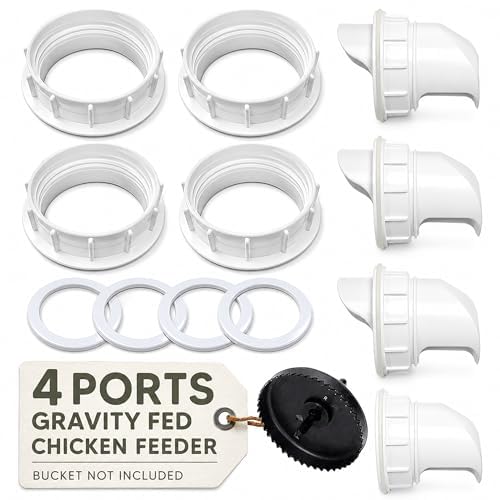 Poultry Pro Feeder DIY Port PVC Gravity Fed Chicken Feeder 4 Ports and Hole Saw | Use for Buckets, Barrels, Bins, Troughs | Rain Proof, Weather Resistant, No Waste Chicken Feeders - style: Original Feeder 4 Pack