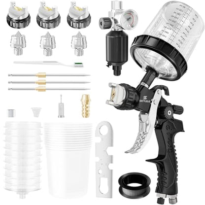 HVLP Air Spray Gun with 1.4/1.7/2mm Nozzles & Air Compressor Regulator, Air Spray Paint Gun w/10pcs 600cc Mixing Cup and Lids, Automotive Paint Sprayer for Car, House Painting, Furniture - color: Black