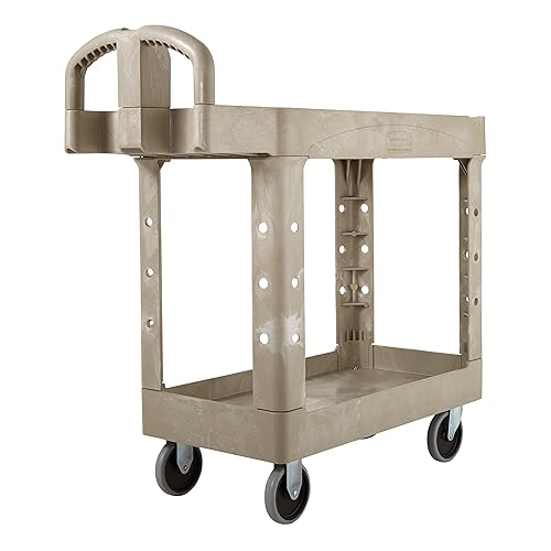 BRUTE Heavy Duty 2-Shelf Utility/Service Cart, Small, Lipped Shelves, Ergonomic Handle, 500 lbs. Capacity, Beige, for Warehouse/Garage/Cleaning/Maintenance - color: Beige, size: Small, style: 2-Shelf