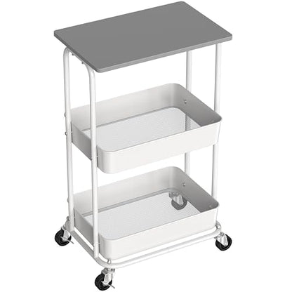Simple Houseware 2-Tier Rolling Utility Cart Wood Top/Lockable Wheel, Gray - color: Grey