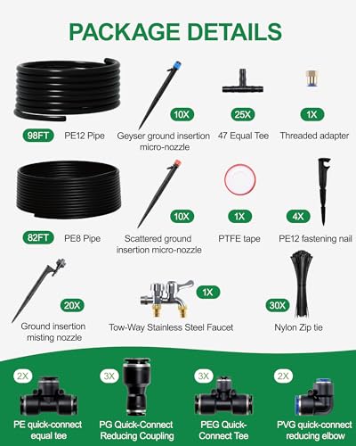 Drip Irrigation System for Garden, 180FT Tubing - size: 180FT