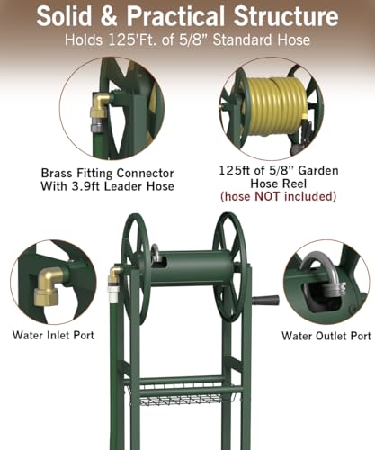 Garbuildman Ground Mount Garden Hose Reel Holds 125 Feet of 5/8-Inch with 3.9 ft Leader Hose, Brass Fitting, Water Hose Holder Stand with Storage Rack & 4 Spikes Base for Outdoor Lawn, Green - color: Green