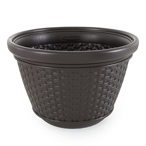 Suncast Decorative Wicker Garden Hose Holder Pot with 4 Drain Holes for 100 Foot Hoses, Java