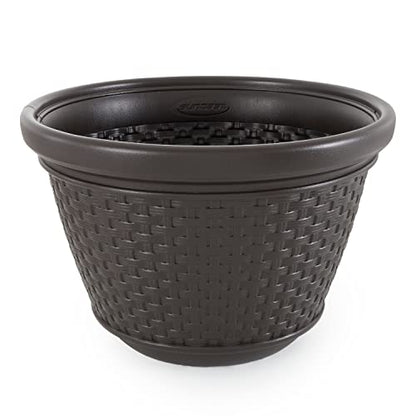 Suncast Decorative Wicker Garden Hose Holder Pot with 4 Drain Holes for 100 Foot Hoses, Java