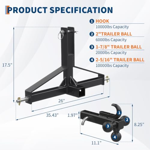IDEALHOUSE 3-Point Tractor Hitch, Low Profile Design for Kubota Subcompact