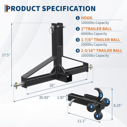 IDEALHOUSE 3-Point Tractor Hitch, Low Profile Design for Kubota Subcompact