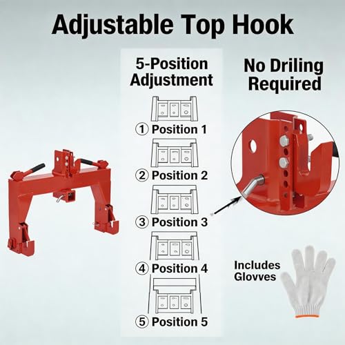 3-Point Quick Hitch for Tractors, 28 in Lower Arm Spacing, 3000 Lb Lift Capacity, 5-Position Adjustable Top Hook, Bolt-on No-Weld/No-Drill Adapter, Heavy-Duty 3x3 Steel, Powder-Coated Red - color: Red with Gloves