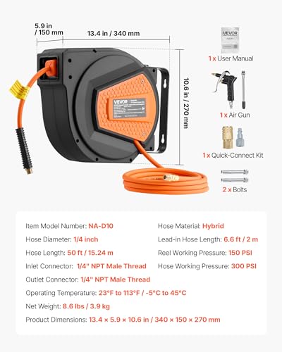 VEVOR Retractable Air Hose Reel, 1/4 Inch x 50 FT Hybrid Air Hose Max 300PSI, Enclosed Air-Compressor Hoses Reel Auto Rewind with 6.6 ft Lead in & Blow Gun, 180° Swivel Ceiling/Wall Mount