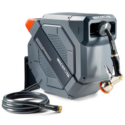 Retractable Garden Hose Reel, 5/8 in x 50 ft Heavy Duty Wall Mount Water Hose Reel with Reinforced Bracket & 9-Pattern Metal Nozzle, Any Length Lock, Slow Retraction and 180 Swivel - size: 5/8" 50FT
