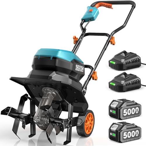 Seesii 40V Cordless Tiller for Gardening, 12" Electric Tiller Cultivator | 2×5.0Ah Batteries & Charger, 8" Depth, Adjustable Handle & Wheel, Heavy Duty Rototiller for Garden Lawn & Soil Cultivation - color: Sky Blue