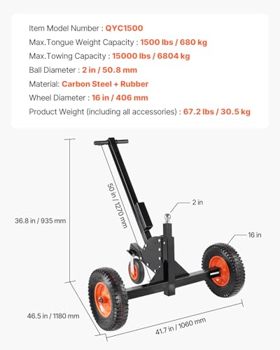VEVOR Trailer Dolly, 1500lbs Tongue Weight Capacity, 2 in 1 Trailer Mover with 2 in Ball, 16 in Pneumatic Tires and Universal Wheel, Portable Tow Dolly for Moving Car RV Trailers