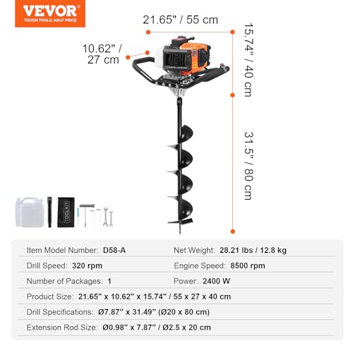 VEVOR Post Hole Digger Gas Powered 63CC 2400W Earth Auger Fence Digger - style: 63CC+8"