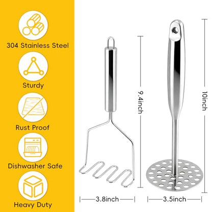 2 Pack Stainless Steel Potato Masher Set, Non-Slip Handle for Potato Puree | Heavy Duty Wave & Round Masher Set,for Avocado & Homemade Baby Puree,Dishwasher Safe