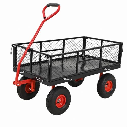900 Lbs Heavy Duty Steel Garden Cart, Garden Wagon Cart on Wheels, Outdoor Metal Yard Utility Wagon Carts with and Mesh Removable Sides(Convert to Flatbed) and 180°Rotating Handle - color: Yellow, size: 43.5"D x 20.5"W x 21"H
