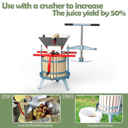 SQUEEZE master Fruit Wine Cider Press - Solid Wood Basket- 3.17 Gallon/12L-T Handle Bar with Fruit Apple Wine Classic Crusher -7 Litre/1.8Gallon Manual Grinder