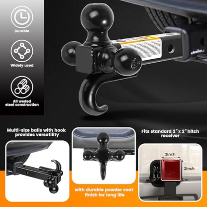MaxxHaul Triple Ball Mount Hitch with Tow Hook, Fits 2" Receiver – 1-7/8", 2", 2-5/16" Welded Hitch Balls, Class III/IV, 10,000 lb GTW, Heavy-Duty Powder-Coated Steel – 50231 - style: Triple Ball Mount with Hook Hollow Shank, Black
