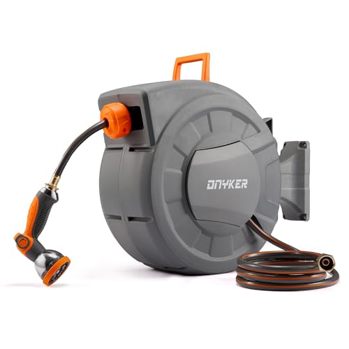 Retractable Garden Hose Reel, 1/2 inch x 65 ft Water Hose Reel Wall Mounted, Any Length Lock, Slow Auto-Rewind, 180°Swivel Bracket & 10 Pattern Nozzle - size: 1/2'' 65FT