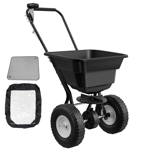 PPOLB Broadcast Spreader for Lawns, 80LB Fertilizer Spreader with 25-Level Flow Control, Walk Behind Lawn Seed & Salt Spreader, 0–10FT Coverage, Hopper Screen, Rain Cover, 12" Pneumatic Wheels - size: 80LBS