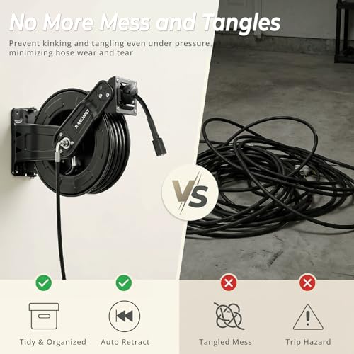 Relhost Pressure Washer Hose Reel, 65 ft x 1/4 inch Retractable Power Washer Hose Reel, Heavy Duty Steel Hose Reel with Dual Arms, Auto Rewind, 180° Swivel Ceiling