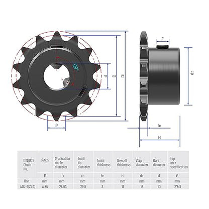 13 Tooth Roller Chain Sprocket, 25 Chain, 10mm Bore - size: 13T/10mm Bore