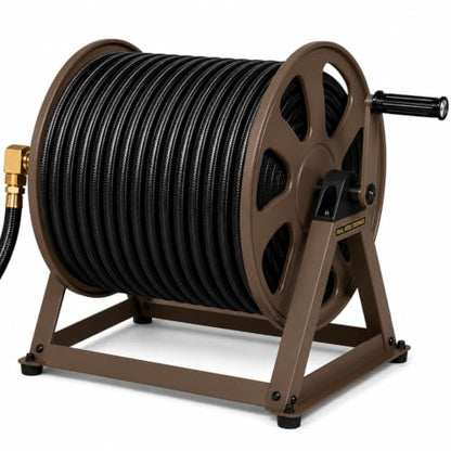Dual Floor and Wall Mounted Garden Hose Reel, Holds 200ft of Water Hose, Heavy Duty Metal Hose Reel, Space Saving Hose Reel Organizer for Yard, Garage & Shed (Brown) - color: Brown