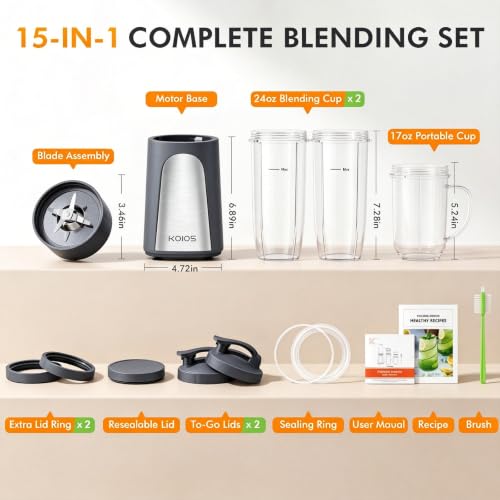 KOIOS 1000W Smoothie Blender, 15-in-1 Single Serve Set, Press-Twist Design - color: Grey